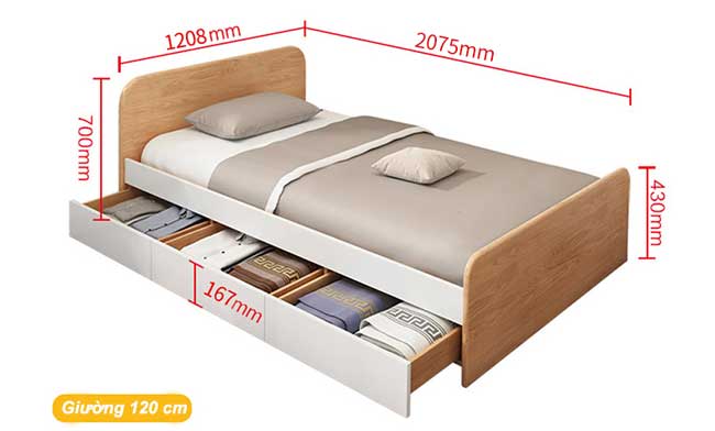 kích thước giường ngủ có ngăn kéo