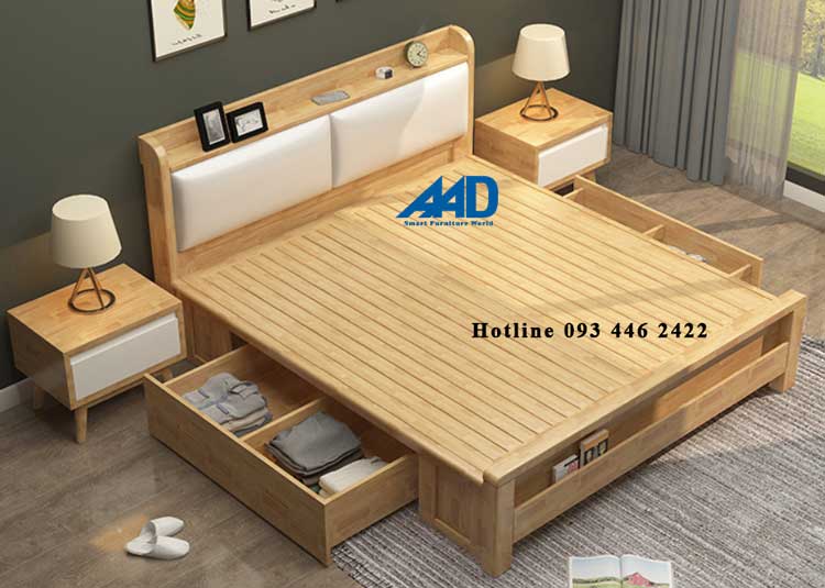giường gỗ tự nhiên 1m6 có ngăn kéo